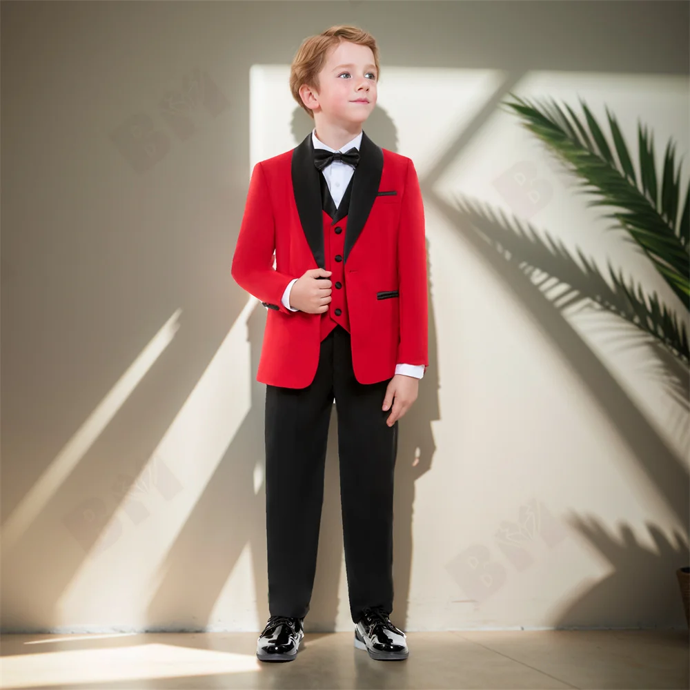 

Children's Formal Red Suit Set British Handsome Boy Host Dress Piano Catwalk Wedding Party Costume Kids Tuxedo Pants Bowtie