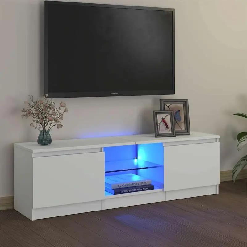 vidaXL Meuble TV LED blanc 120x30x36 cm avec lumières RGB, rangement spacieux, design moderne, bois d'ingénierie, plateau en verre