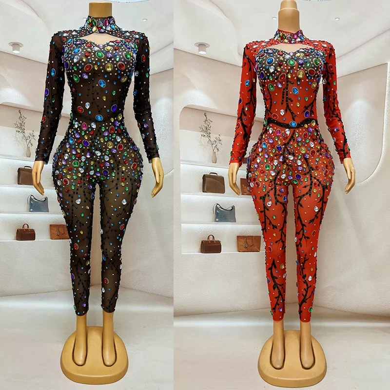 

Colorful Rhinstones Jumpsuit Women'S Group Jazz Dance Clothing Nightclub Dj Ds Gogo Costumes Stage Festival Outfit XS7531