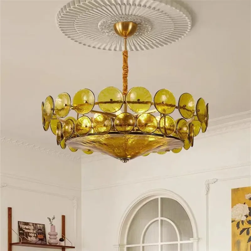 French Medieval Rotundity Glass LED Hanging Lamps Double-layer Pendant Lights Living Room Bedroom Kitchen Restaurant Chandelier