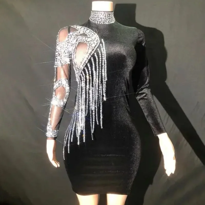 Preto veludo brilhante diamantes corrente sexy bainha ver através do vestido festa à noite desempenho traje bar boate palco wear