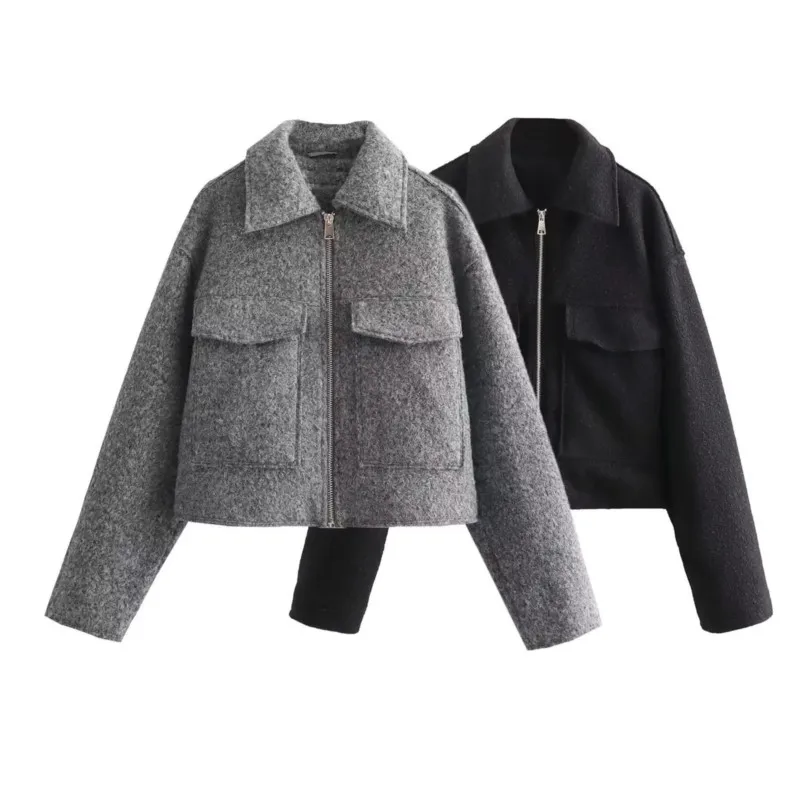 

Tweed Cropped Jacket Coat Women Fashion Casual With Pockets Zipper Jackets Coats 2025 New Autumn Winter Solid Vintage Outerwear