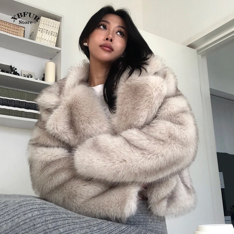 2024 Winter New Fashion Gradient Fluffy Fur Coat Women High Street Luxury Big Fur Collar Faux Fox Fur Jacket Female Overcoats