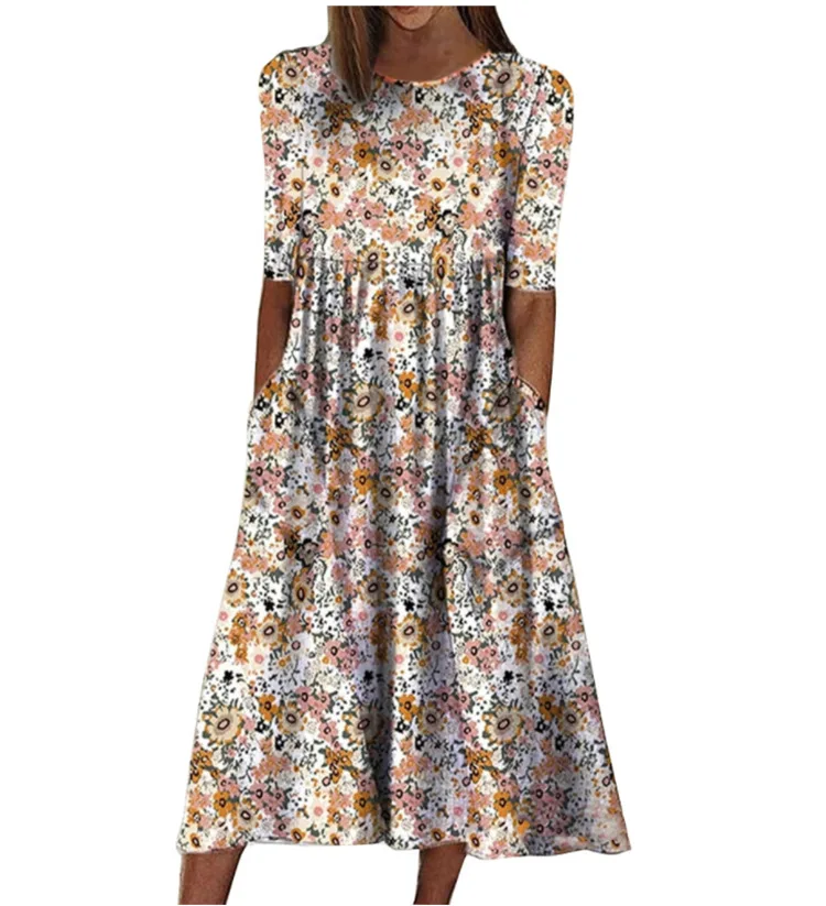 Robe longue à fleurs pour femmes, pull à col rond, manches moyennes, taille haute, poche, mode décontractée, été, nouveau