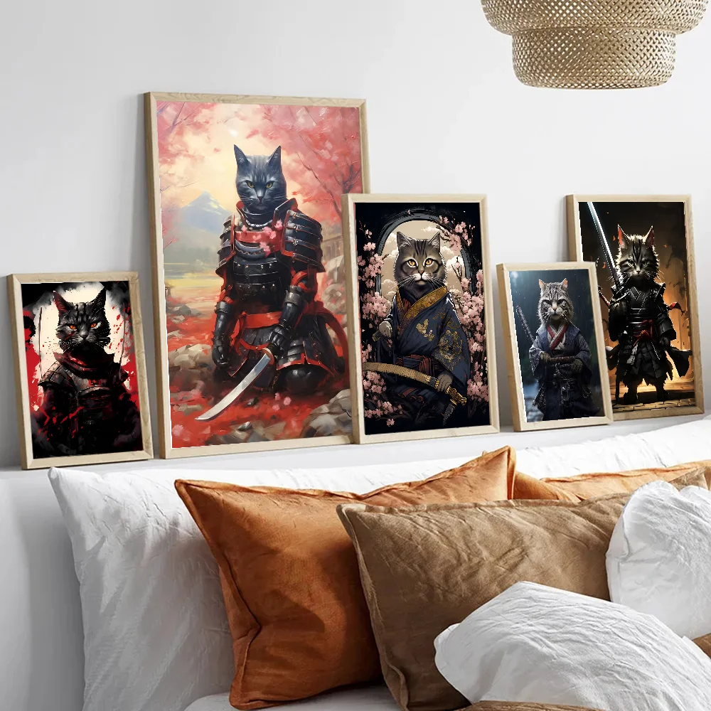 

Japanese Cat Samurai Funny Art Painting Poster Self-adhesive Art Poster Retro Kraft Paper Sticker DIY Room Caf VintageDecorative