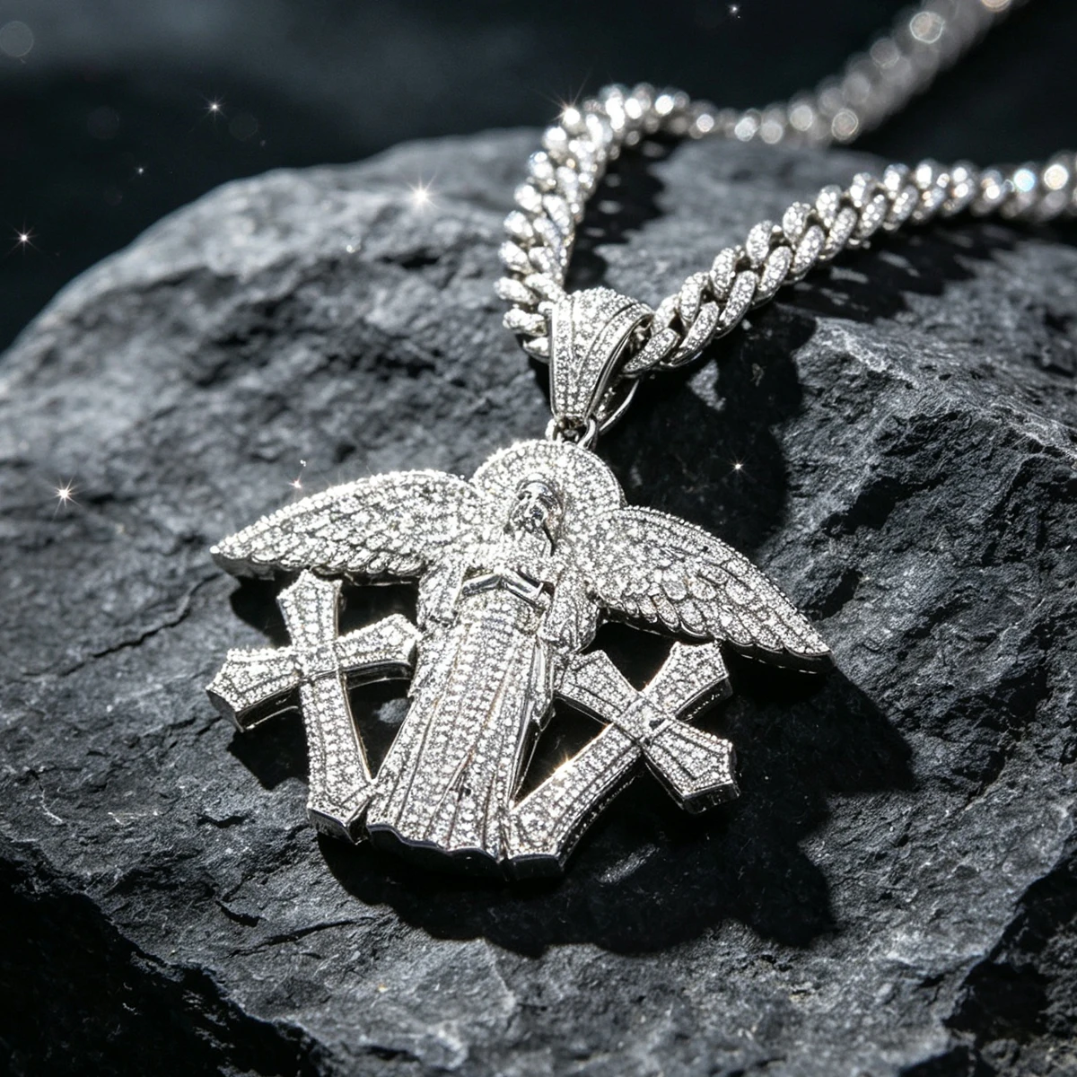 Sparkling CZ 18K Gold Plated Large Angel With Double Cross Pendant Iced Out Divine Protection Faith Religious Jewelry For Men Perfect For Rap Street Culture Daily Wear Party Gift Fine Jewelry Accessories Hip Hop Bold Oversized Statement Necklace Charm