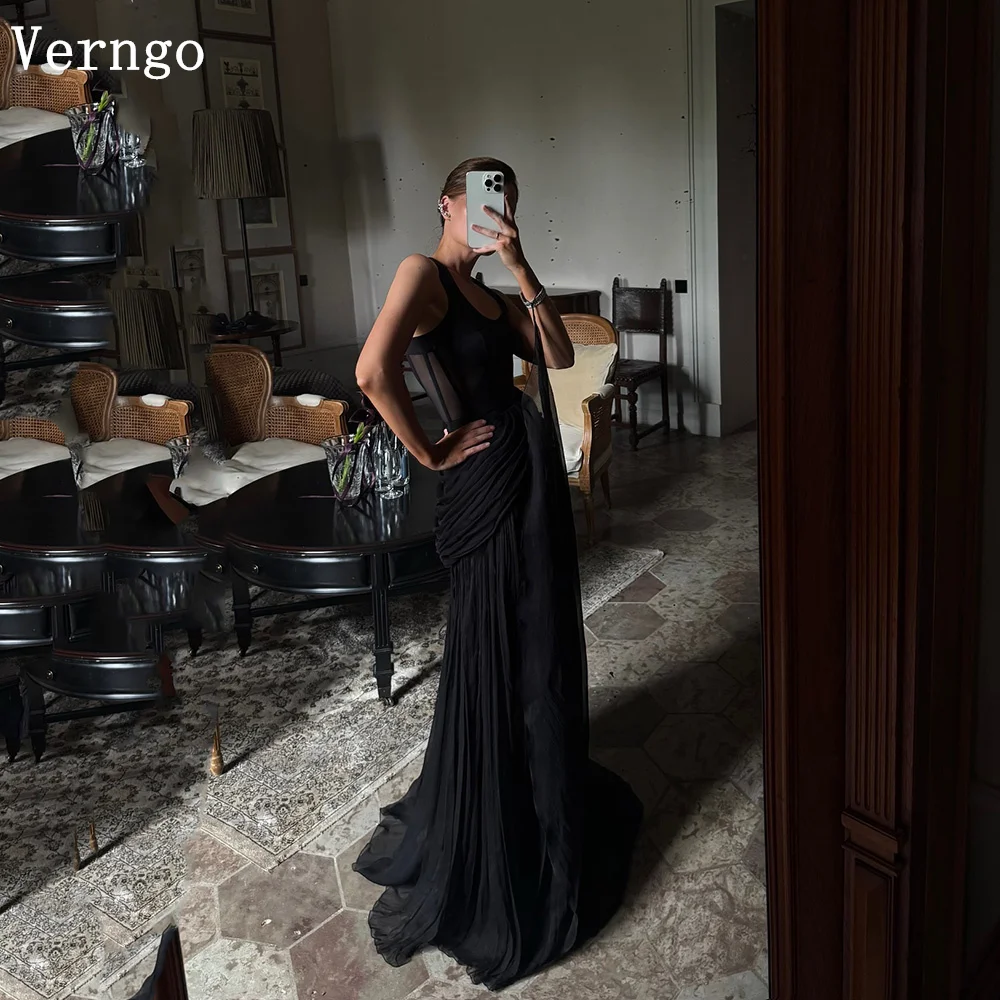 

Verngo Black Chiffon Evening Dress V Neck Sleeves A Line Formal Occasion Dress Sexy Illusion Prom Party Gowns Customized