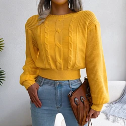 Women Casual Lantern Long Sleeve Slim Waist Knitted Sweater Pullovers For Autumn Winter 2023