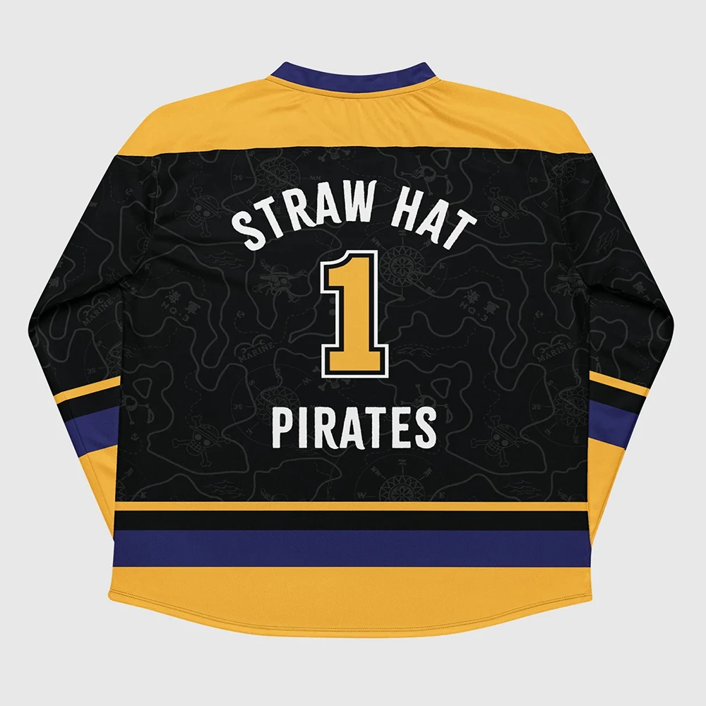 Live-Action Version One Piece Straw Hat Pirates Hockey Jersey Men Long Sleeved Tee Oversized Breathable Quick Drying Sports Top