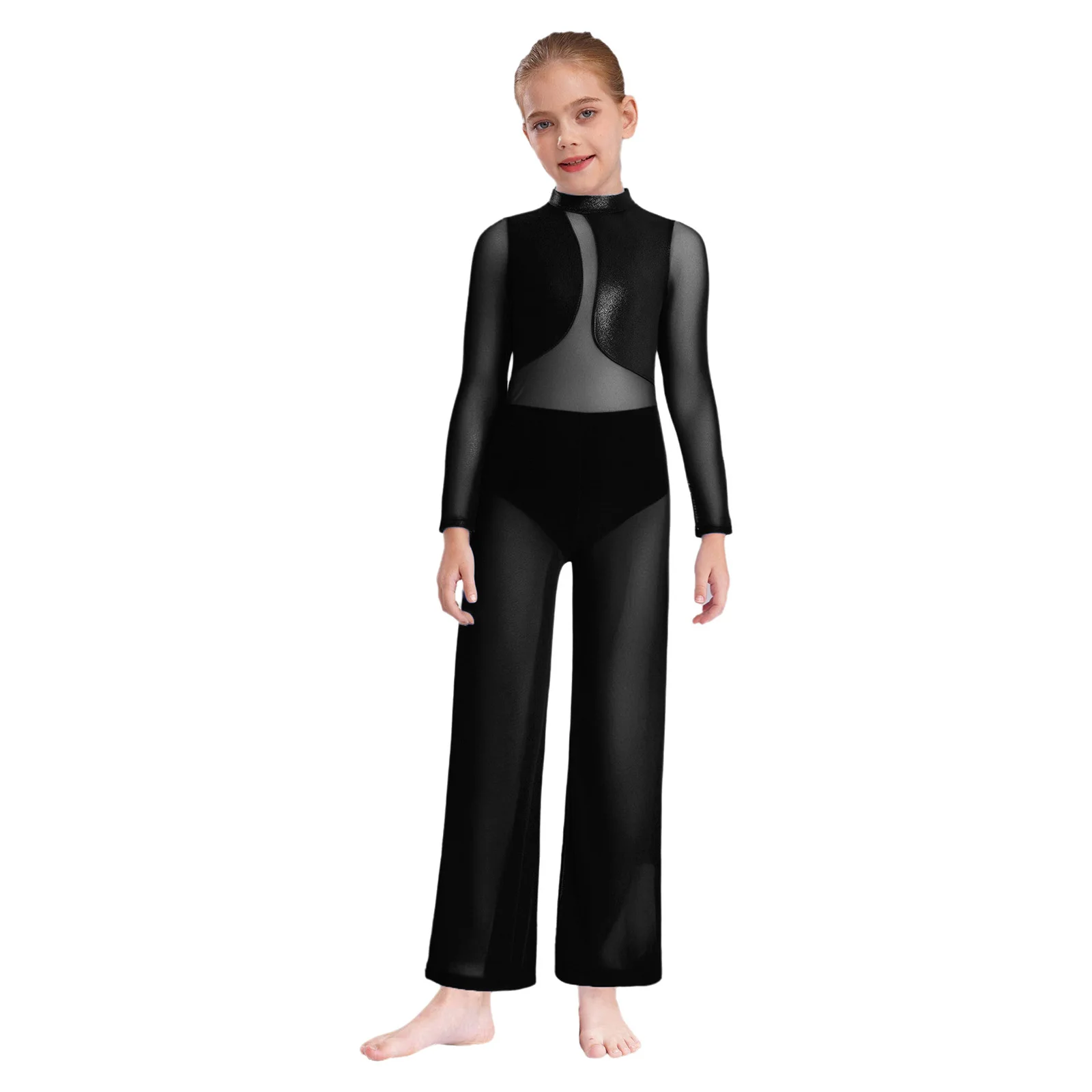 

Kids Girls Lyrical Ballet Gymnastics Stage Performance Jumpsuits Sheer Mesh Wide-Leg Metallic Ballroom Modern Dance Leotards