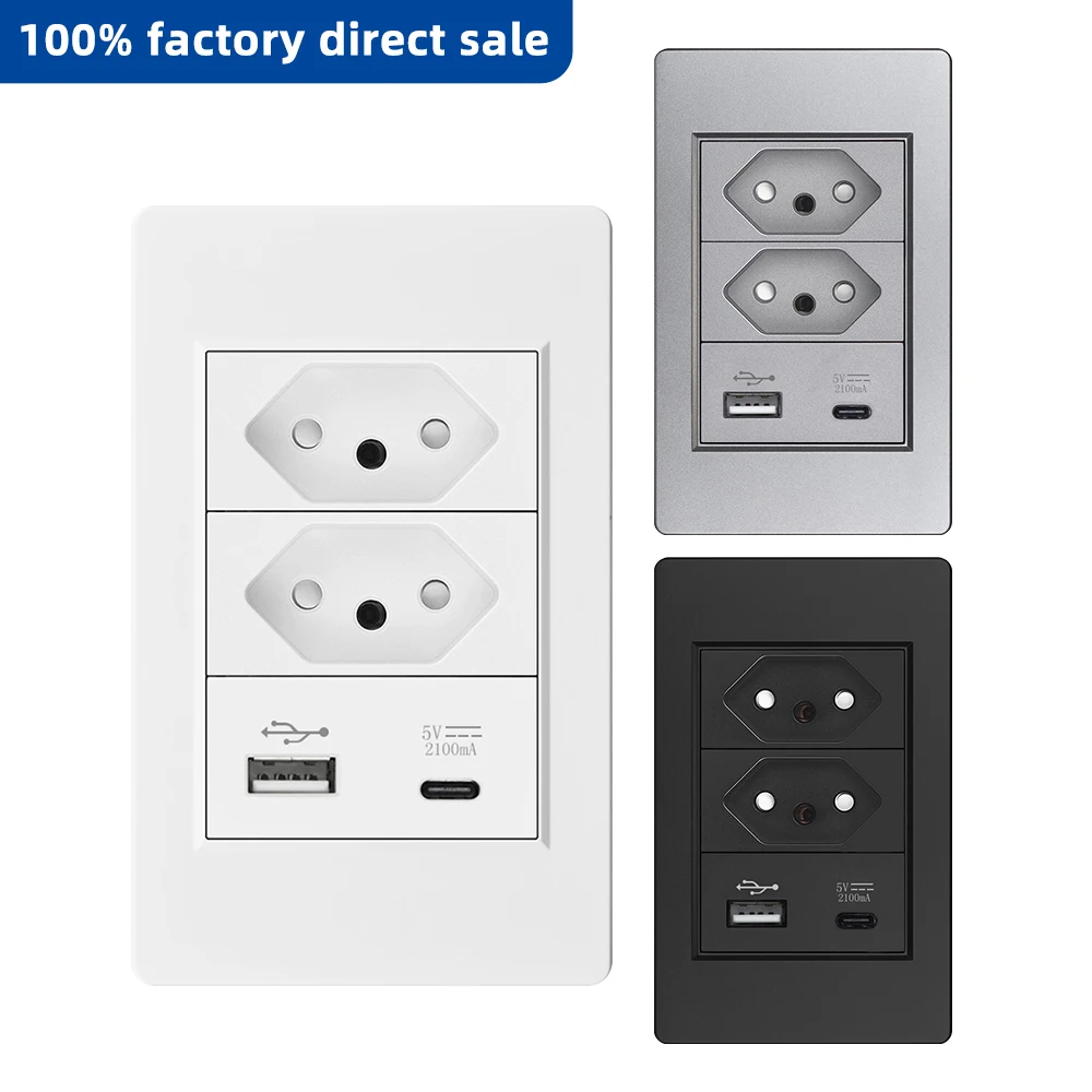 VISWE USB Type-c Brazil Standard Power Outlet 10A/20A AC 250V,118mm*72mm Plastic Panel, BR Electric plug usb Wall Socket