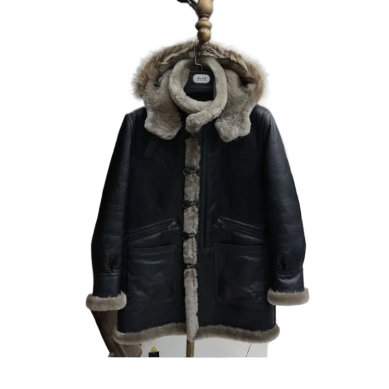 

Mid-length Thickened Hooded Original Ecological Fur Sheepskin and Wool Men's Coat Fur Warmth Genuine Leather Jacket High Quality