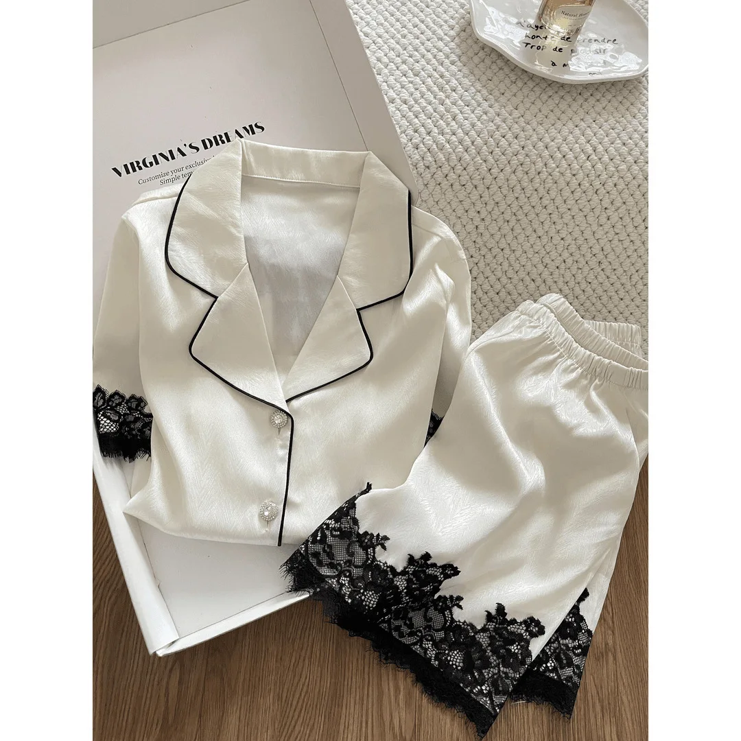 High-end Girl Lace Splicing Ice Silk Pajamas Women's Summer New Loungewear Suit Can Be Worn Outside