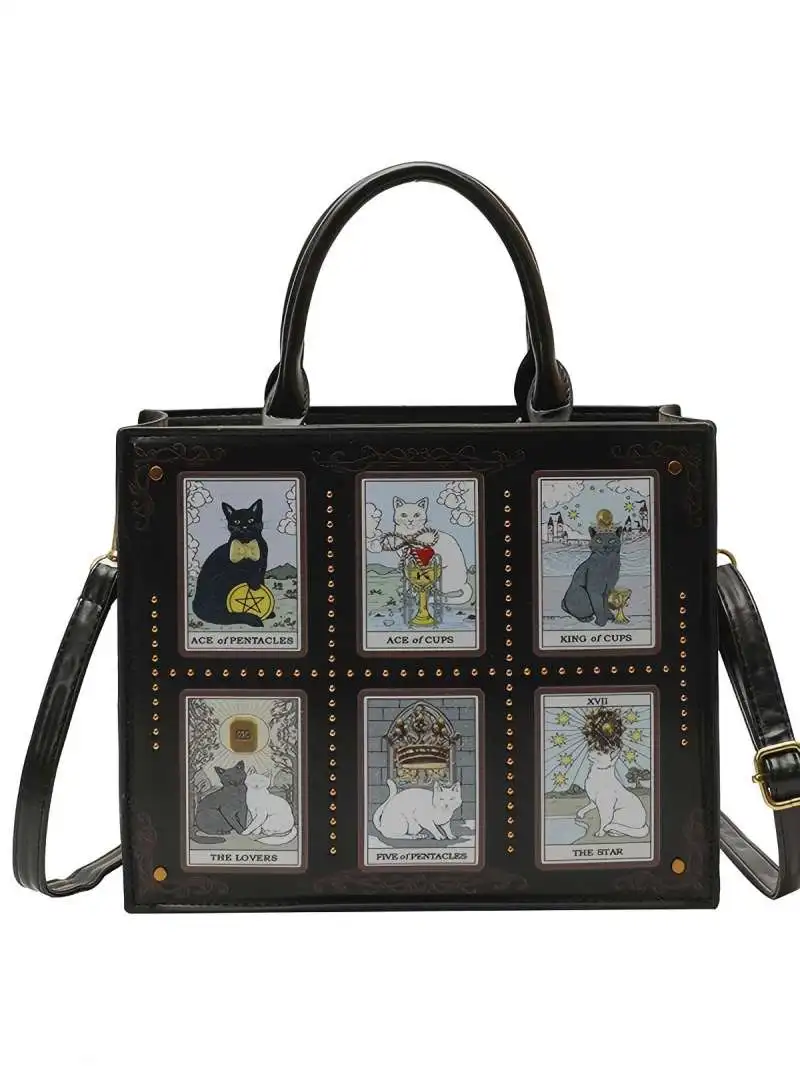 Womens Mystical Gothic Vintage Cat Tarot Card Print Structured Satchel Handbag Shoulder Bag Tote Bag