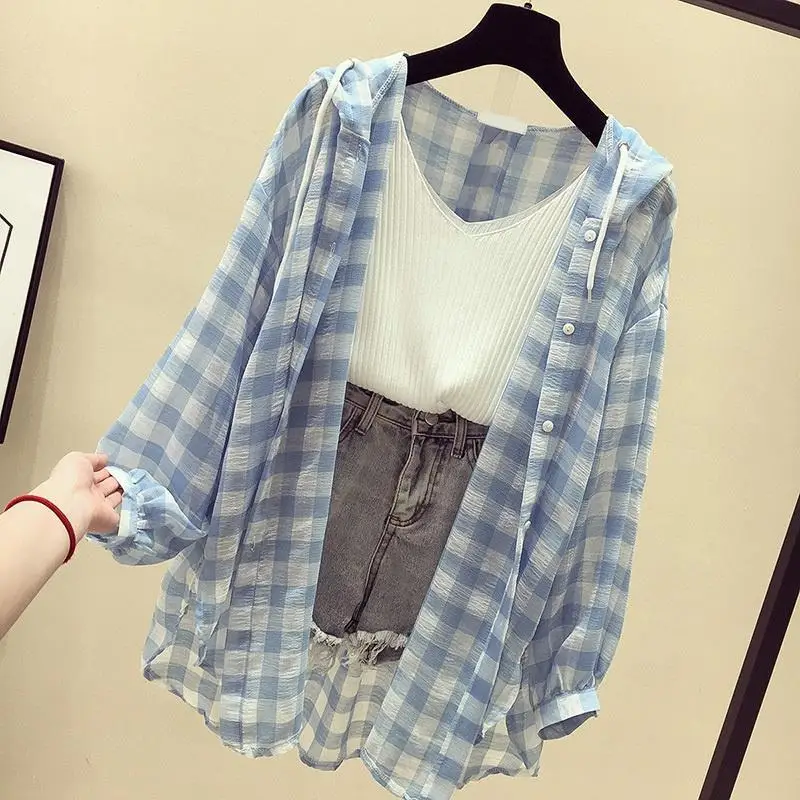 Plaid Hooded Shirt Women Tops Sunscreen Clothing Sport Jacket Korea Versatile Lattice Summer Design Loose Sunscreen Cardigan