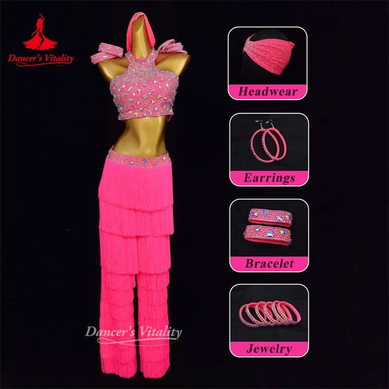 Latin Dance Luxurious AB Stones Fringed Trousers Suit Salsa Chacha Samba Jive Th New Style Performance Two-piece Suit Customize