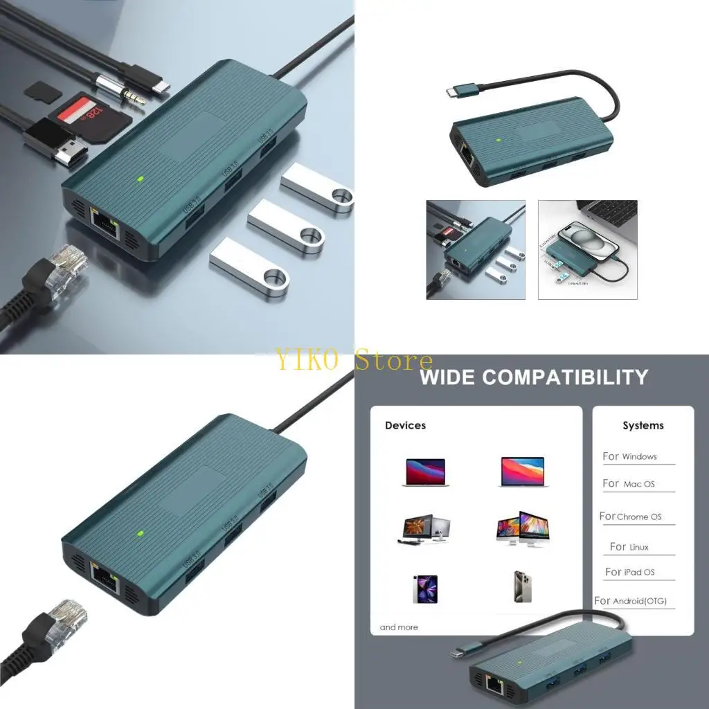 

K32C USB C Hub, 9 in 1 Type C Multiport Adapter with 1000M Ethernet Port, 4K30Hz HDTV Port, 3 USB3.0 Ports 100W Charging Dock