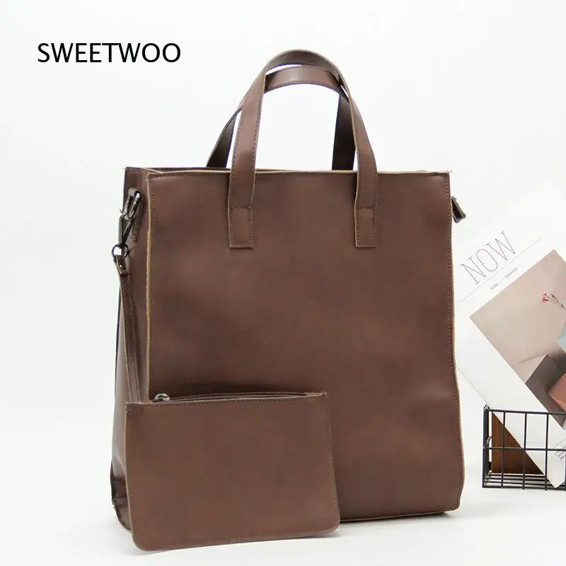 Men Brown Faux Leather Work Tote Bag Minimalist Vintage Laptop Briefcase Handbag with Crossbody Strap