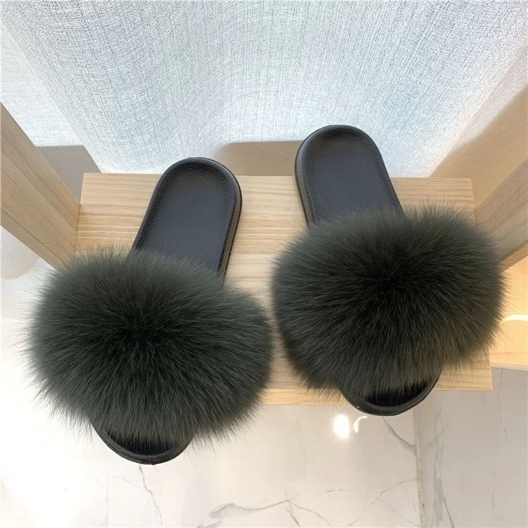 Fox Fur Slippers Luxury Designer House Shoes Fluffy Cute Home Plush Ladies Flip Flops Summer Outdoor Casual Fashion Flat Sandals