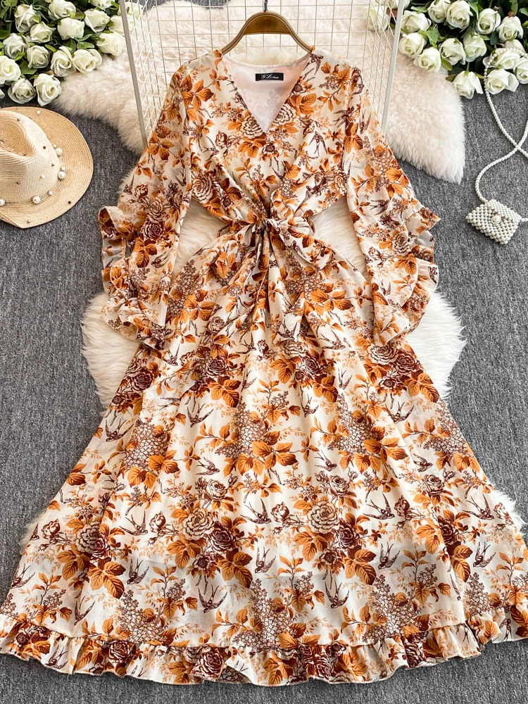 Boho scollo a V Abito lungo estivo da donna in chiffon con stampa floreale Chic casual fasciatura sottile vacanza al mare INS elegante abito a trapezio tunica