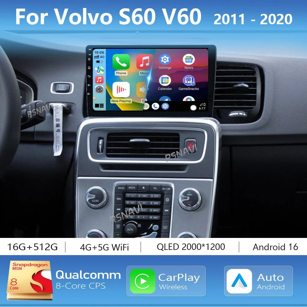 Android 16 Carplay Auto 2K Screen Car Multimedia Radio Player For Volvo S60 V60 2011 - 2020 Head Unit 360 2Din Autoradio Stereo