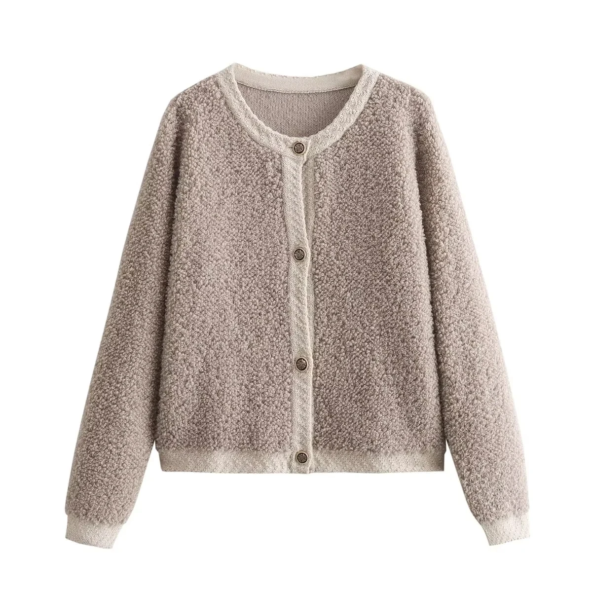 TRAF-suéter de punto de hilo de rizo para mujer, cárdigan, abrigos de una sola botonadura, Vintage, cuello redondo, Tops informales delgados, otoño