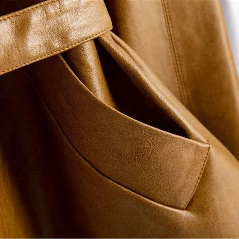 2026 春秋レザーコート女性のファッションデザインレザージャケットコートウエストシェイプレースアップソフトオートバイ服