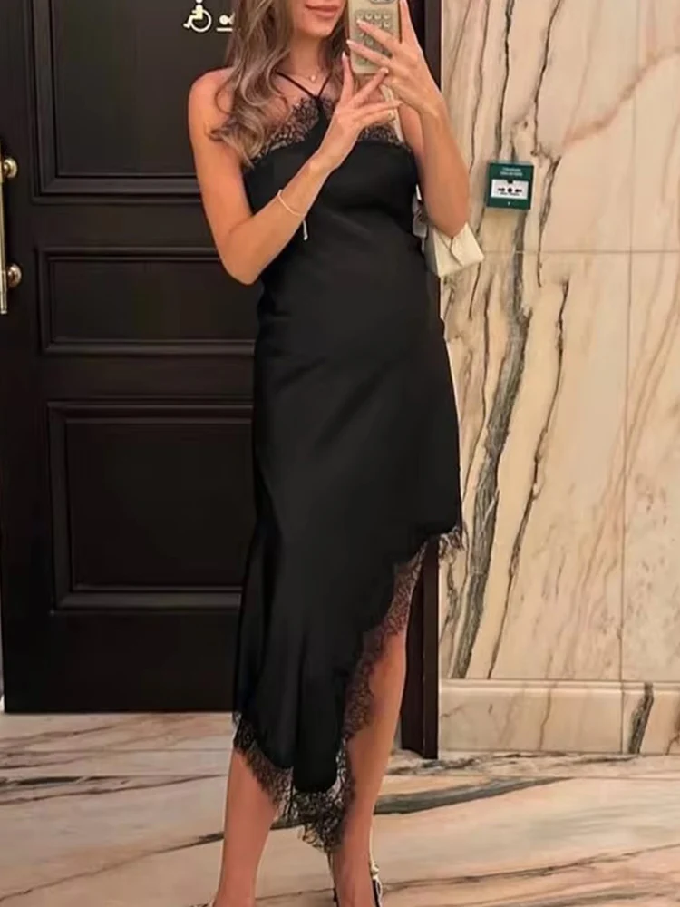 Frauen Sexy Spitze Satin Neckholder Langes Kleid Asymmetrischem Saum Kleid Neue 2025, Sommer Mode Urlaub Party Strand Kleider