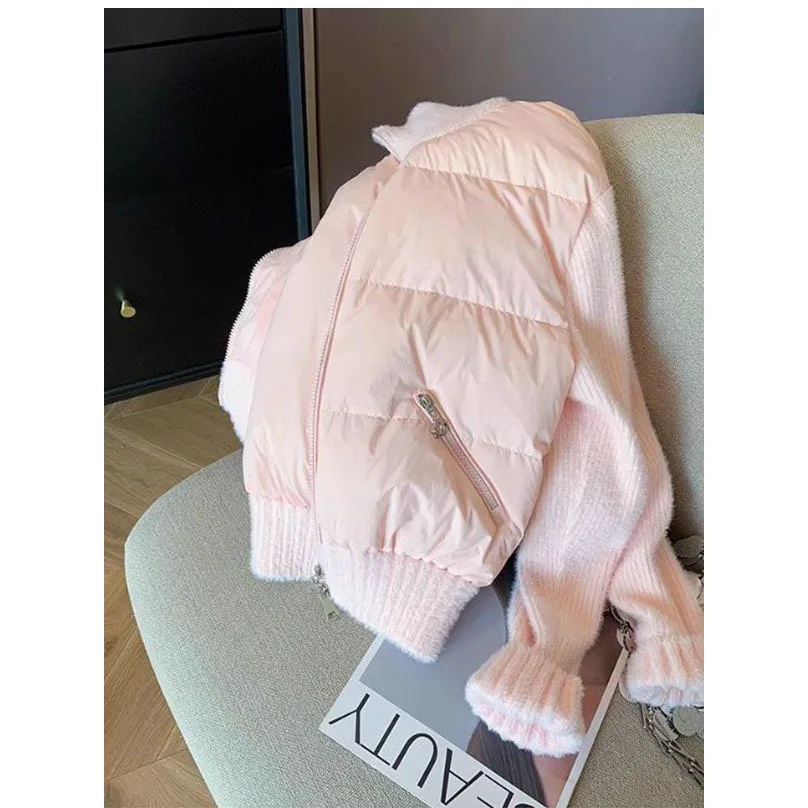 

2026 Slim Fit Short Cotton Jacket Women's Knitted Patchwork Winter Coat Stylish Warm Thickened Polyester Fabric Zipper Closure