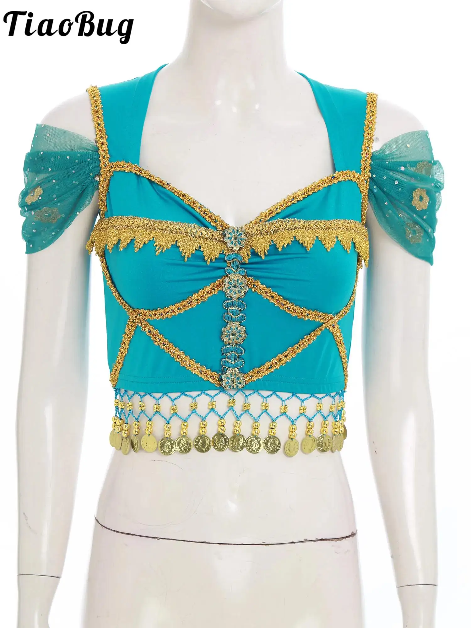 Disfraces de princesa india árabe para mujer, Top corto de actuación de danza del vientre, Tops de mascarada para fiesta temática de corazón, Halloween