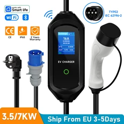 AFEEV 3.5/7KW Draagbare EV-oplader Type2 IEC62196-2 Elektrische autolader 16A EVSE Snelle oplaadkabel WiFi APP Bluetooth-bediening