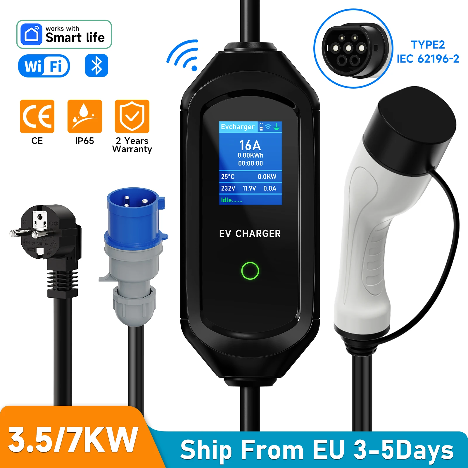 AFEEV 3.5/7KW Portable EV Charger Type2 IEC62196-2 Electric Car Charger 16A EVSE Fast Charging Cable WiFi APP Bluetooth Control