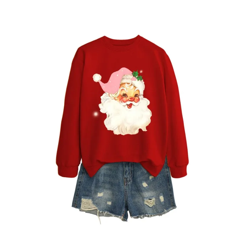 Kerstman Roze Hoed Mode Leuke Print Losse Trui Ronde Hals Sweatshirt Dames