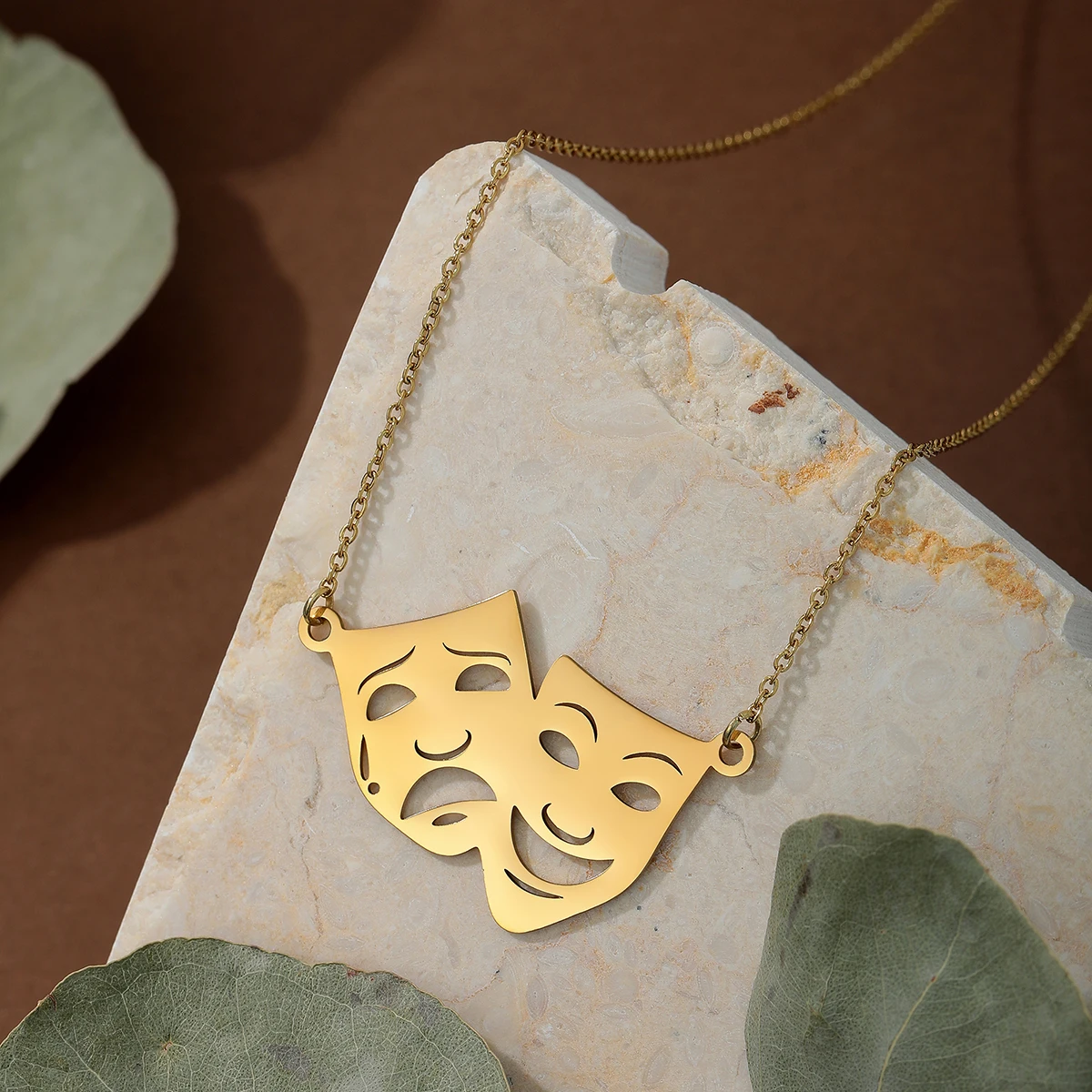 Kinitial Comedy And Tragedy Mask Necklace Women Men Stainless Steel Drama Performing Arts Pendant Necklace view 4