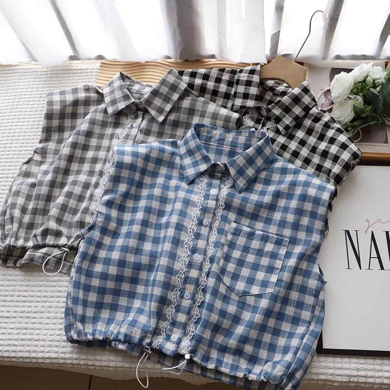 

MEXZT Vintage Plaid Shirts Women Cropped Lace Patchwork Blouses Summer Harajuku Korean Sleeveless Pocket Casual Design Tops New