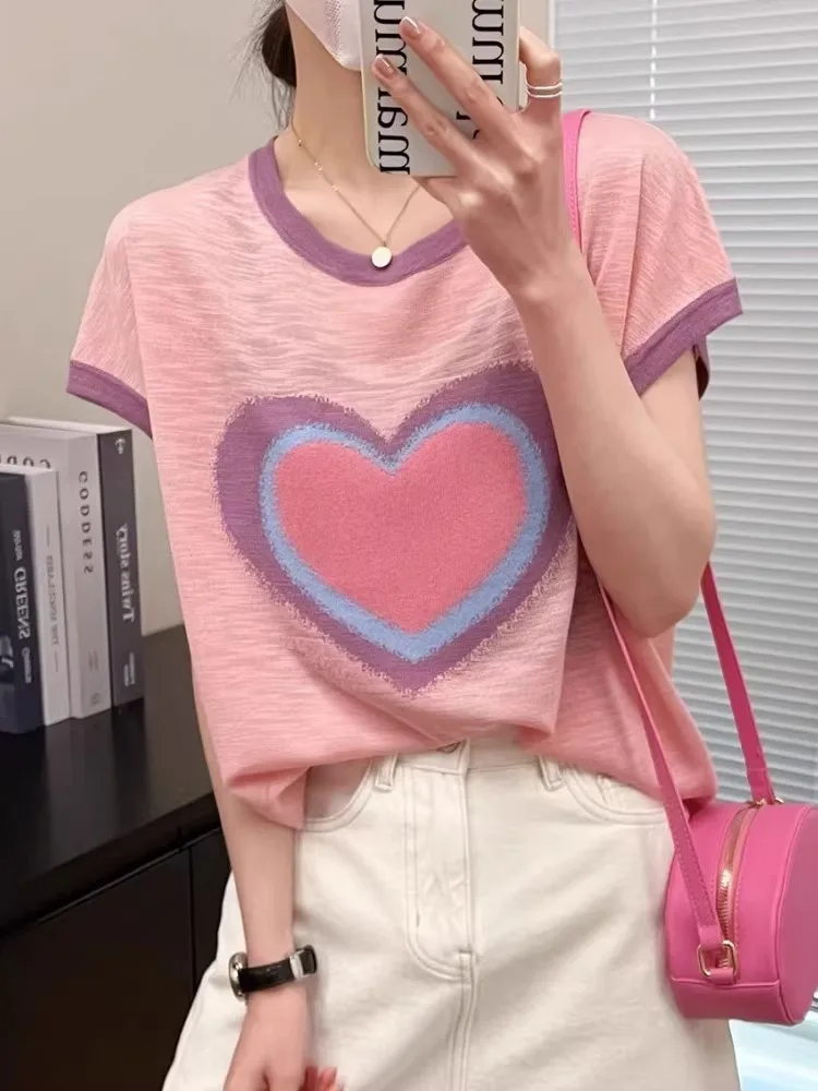 Love match color ice silk short sleeve summer thin linen knit shirt Korean version loose T-shirt female age reduction top
