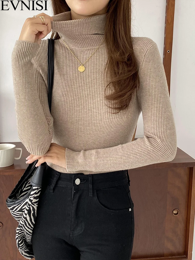 EVNISI Women Bottom Sweaters Autumn Casual Slim Turtleneck Long Sleeve Sweater Knitting Pullovers Solid Sweater Basic