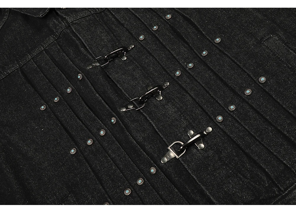 Herren Vintage-Jeansjacke mit Flugzeug-Schnalle, Türkis-Knopf-Mantel, lässige amerikanische Retro-Streetwear, schwarze kurze Oberbekleidung – Detail 7