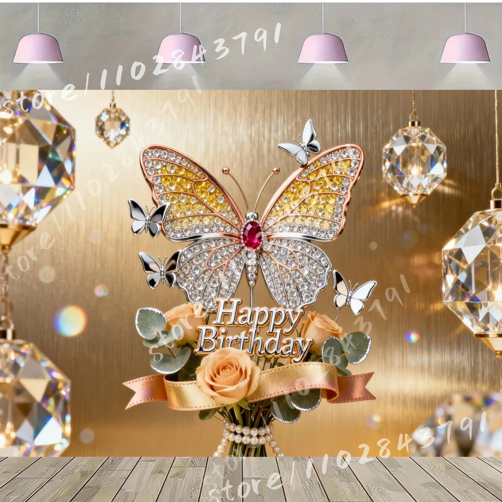 Happy Birthday Vinyl Backdrop Background with Decorative Ribbon Butterfly Ornaments White Tulips Pearl Accessories Elegant