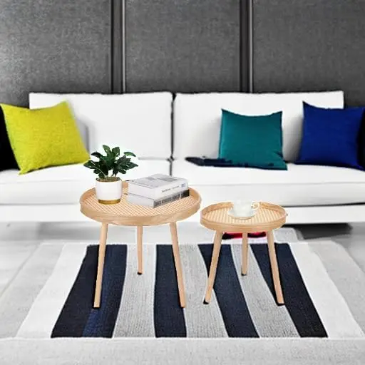 

Round Coffee Table Set of 2, Natural Boho Coffee Tables, Small Mid Century Modern Rattan Coffee Table, Boho Side Table