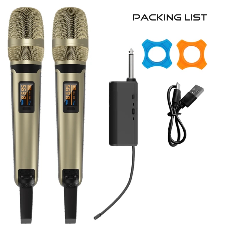 Wireless Microphone, UHF Dual Cordless Metal Dynamic Mic System with Rechargeable Receiver, for Karaoke Singing, Wedding, DJ