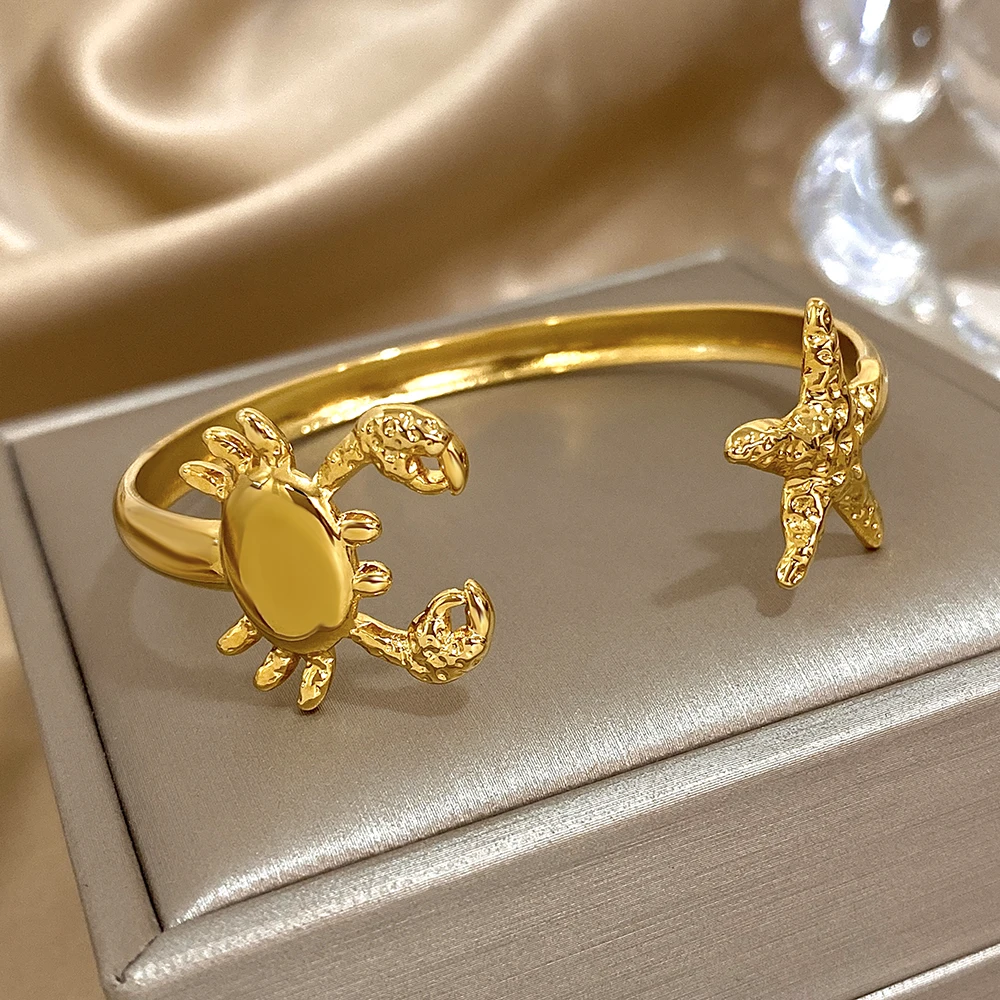 Greatera كراب نجم البحر سوار مفتوح لون ذهبي الفن التصميم الأصلي الفولاذ المقاوم للصدأ الرجال النساء الكفة الإسورة ملابس المجوهرات الطرف