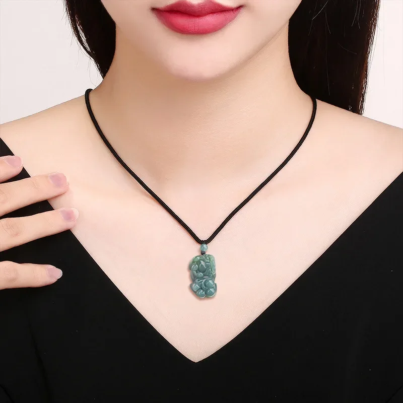 Jiale/Hand-Carved/Natural Jade Blue Water Small Overlord Pixiu Emerald Necklace Pendant Fine Jewelry Accessories Men Women Gifts