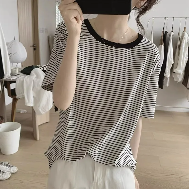 

Базовая полосатая футболка с круглым вырезом и коротким рукавом, свободного кроя, повседневная, утягивающая, для ношения под одеждой, женская модная модель