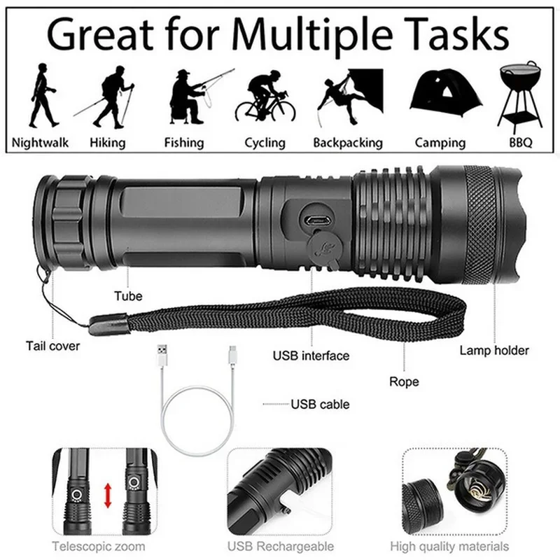 High Power XHP100 Led Flashlight Rechargeable 4 Core Torch Zoom Usb Hand Lantern For Camping, Outdoor & Emergency Use Flashlight