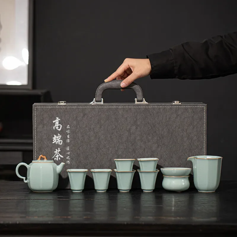 Azure Ru Kiln Tea Set Kung Fu Teapot Porcelain Gift Box Light Luxury Home Office High End Ceramic Ware Traditional Style High