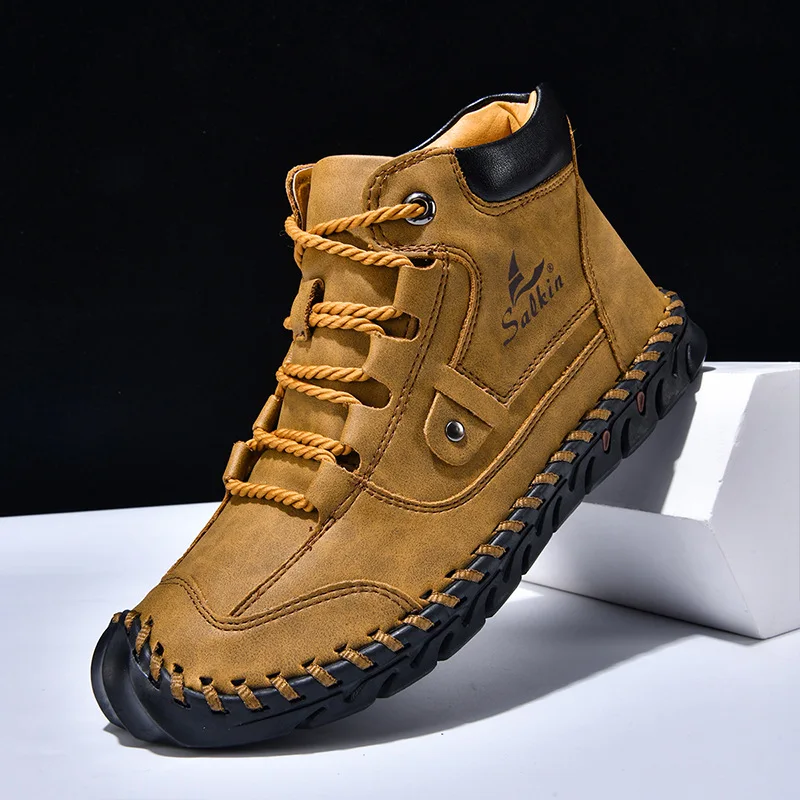 Plus-size men's color-blocked leather boots Men's Fashionable Hand-Stitched Ankle Boots Flat Sole Lace-Up Casual Shoes