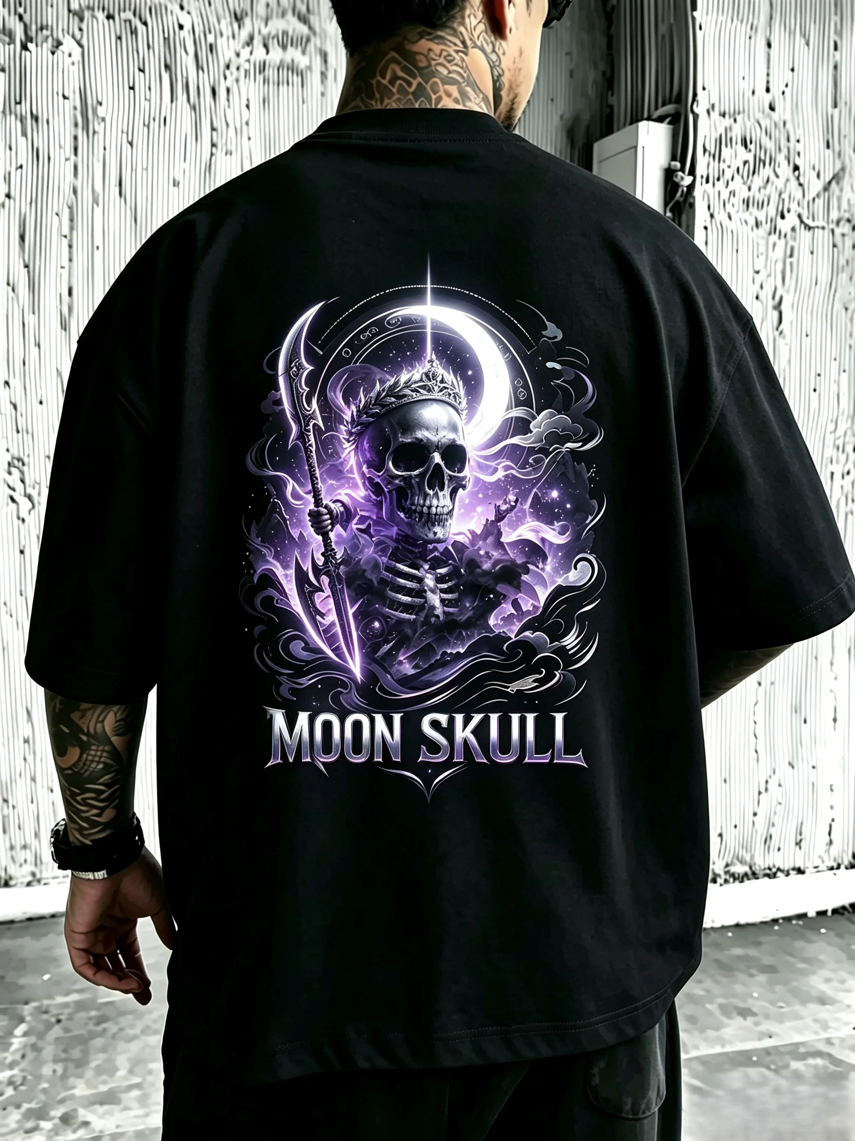 Unisex Moon Skull Back Print T Shirt Men Women Crescent Skeleton Warrior Purple Magic Graphic Oversized Crew Neck Short Sleeve Tee Dark Gothic Streetwear Cotton Top