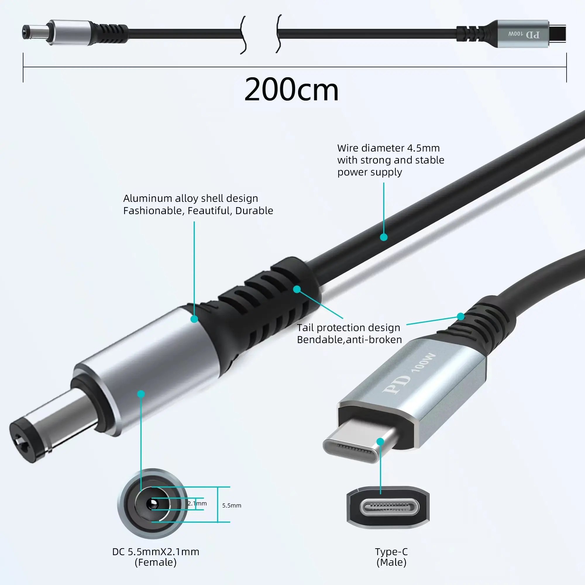 (2m) USB C to DC 5.5mm x 2.1mm Laptop Power Charging Cable (5521), 20V USB Type C Male Input to DC 5521mm Male Cable Up to 100W