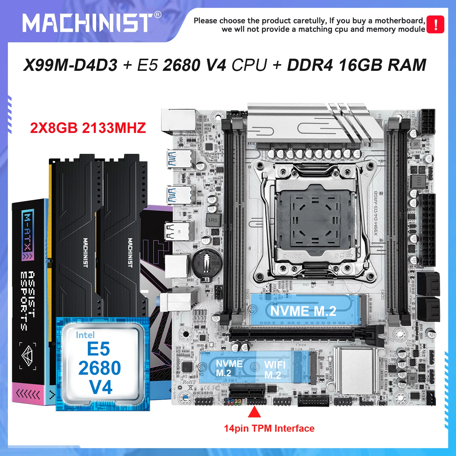 MACHINIST X99M D4/D3 Motherboard LGA 2011-3 Kit Xeon 2680 V4 CPU 16gb DDR4 2133mhz RAM C612 Chip 2*NVME M.2 M-ATX TPM ARGB